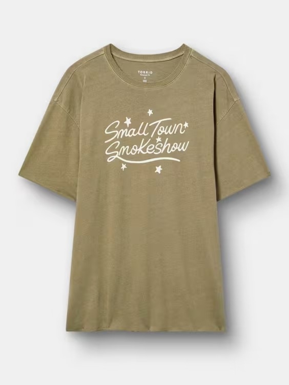 Torrid Cotton Jersey Raw Edge Relaxed Crew Tee  'Small Town Smokeshow'